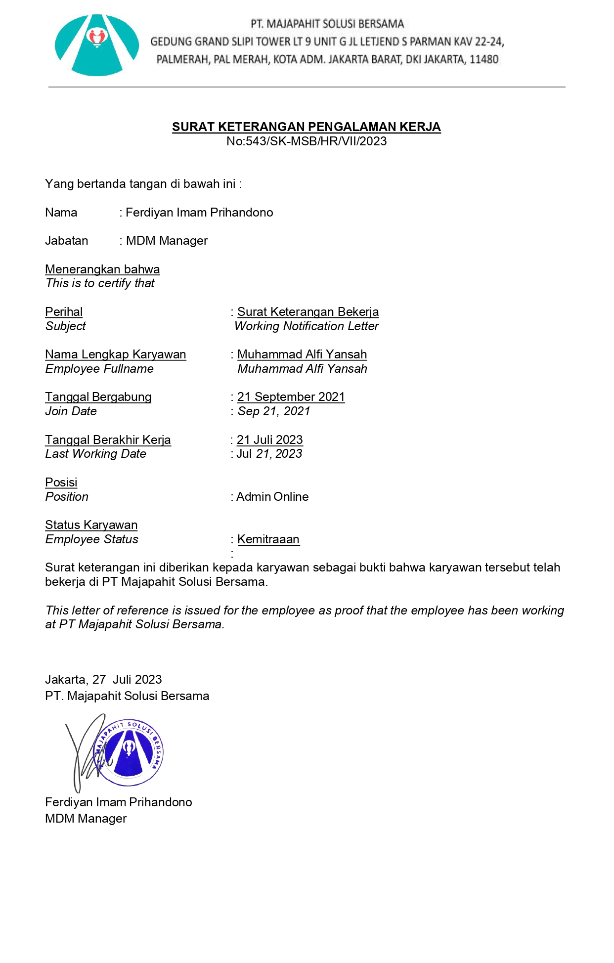 Surat Pengalaman Kerja